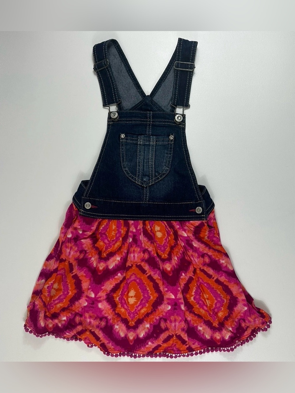 Jordache Girls Denim Jumper Dress Size 6-6X Pink Orange Boho Geometric Print